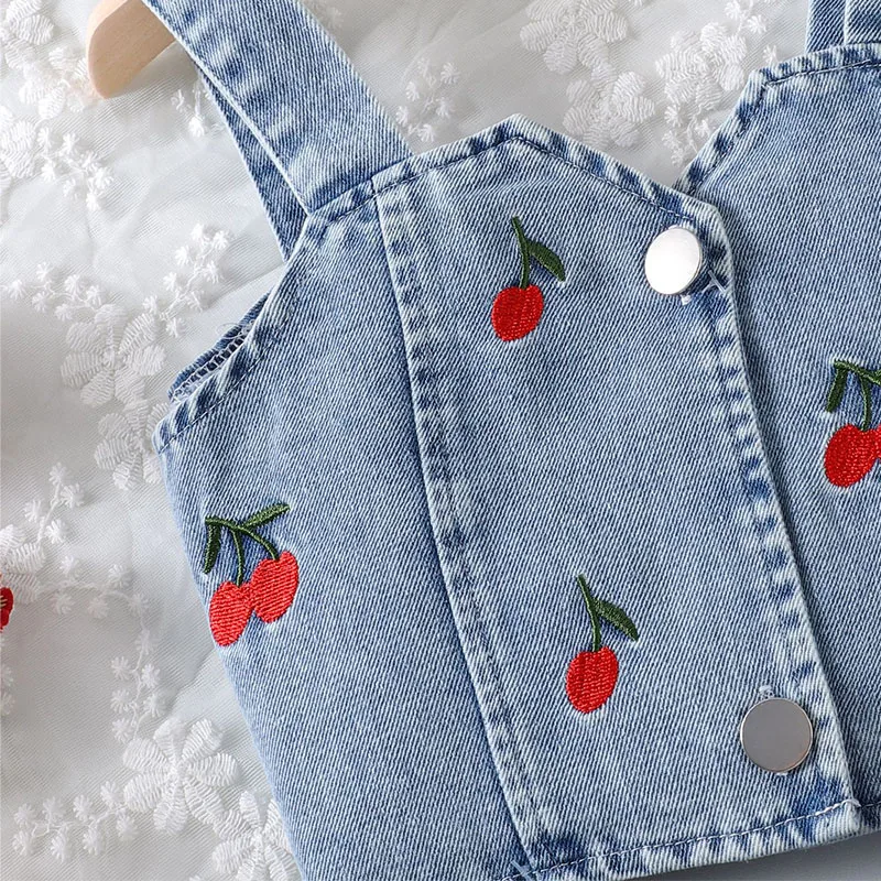 Ropa de verano vaquero cereza para bebé – Top azul falda - imagen 2
