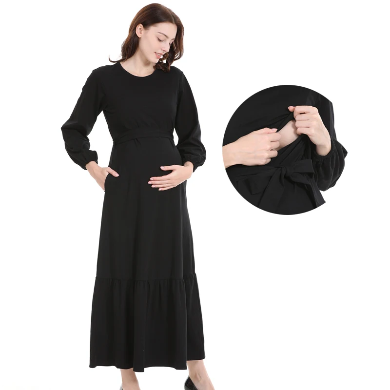 Vestido de lactancia largo plisado liso para primavera y otoño - imagen 4