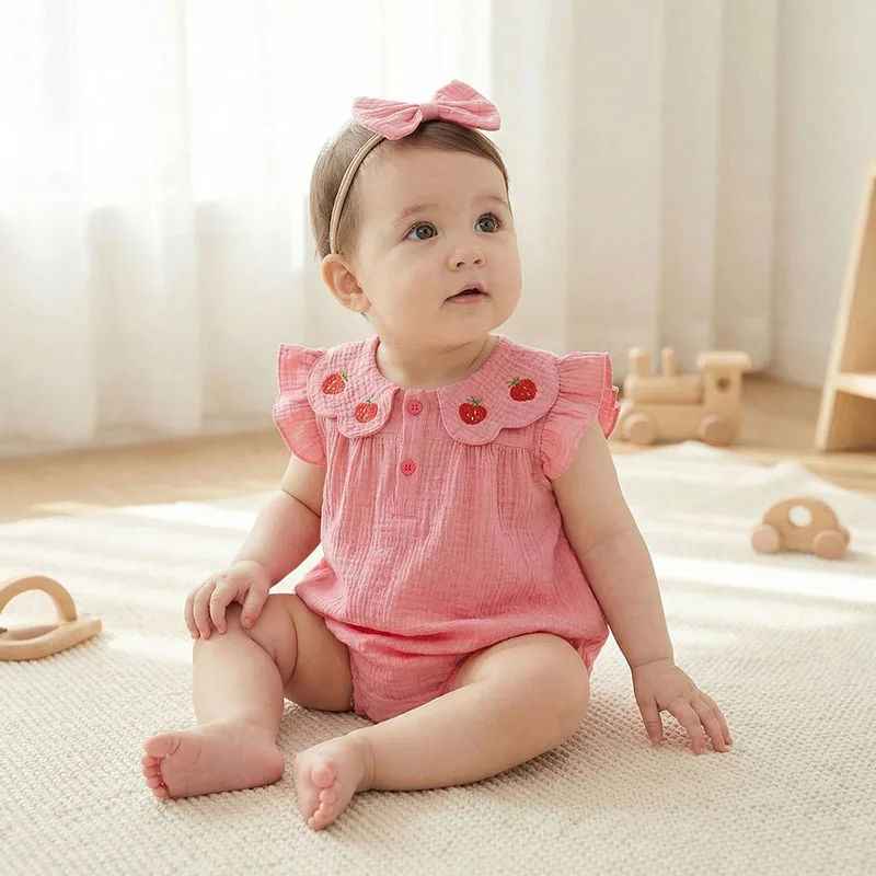 Pelele de verano para bebé niña con fresa y diadema bordada - imagen 2