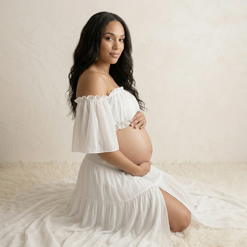 Vestido de maternidad para fotos de estudio con hombros descubiertos - imagen 2
