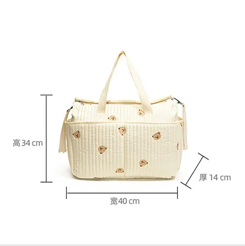 Bolsa de pañales gran capacidad para cochecito con osito bordado oliva