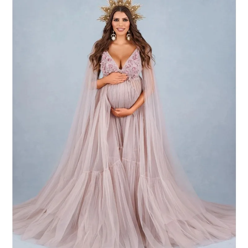Vestido de maternidad de tul y encaje con perlas para baby shower - imagen 5
