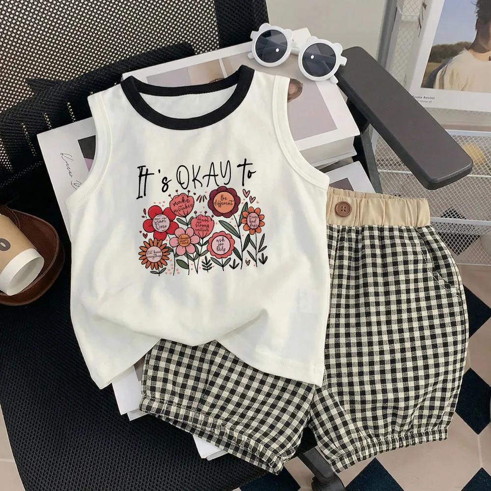 Conjunto de verano sin mangas para niña floral y cuadros