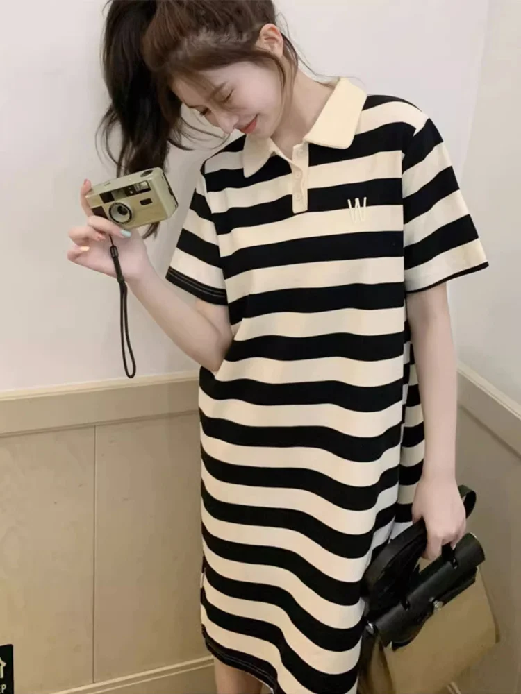 Vestido de punto maternity estilo preppy con cuello vuelto de rayas - imagen 2