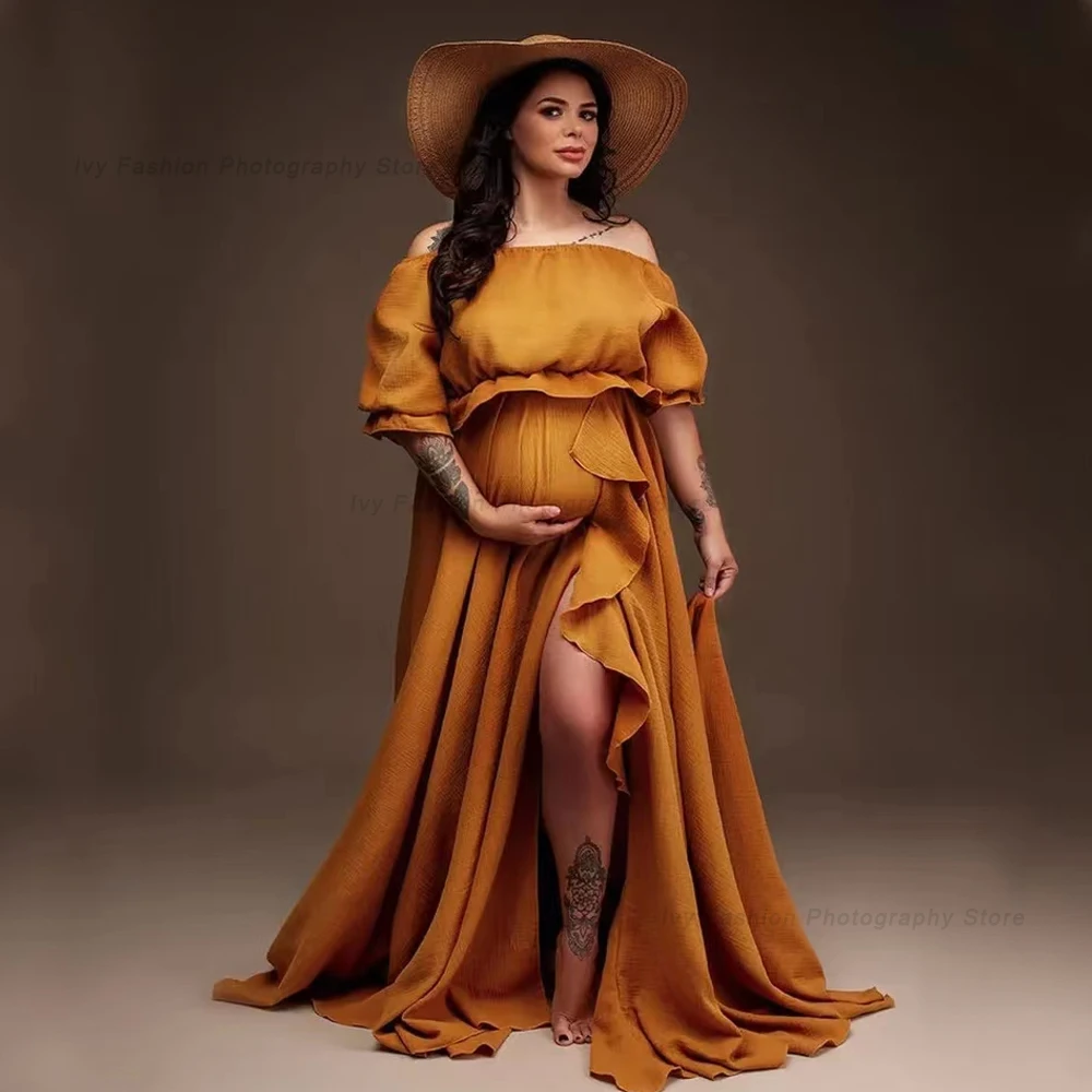 Vestido de lino para embarazo bohemio con abertura lateral y volantes - imagen 3