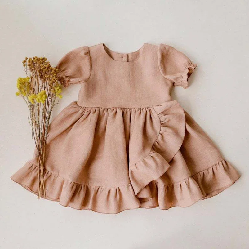 Vestido de lino niña vintage manga corta y cuello redondo - imagen 2