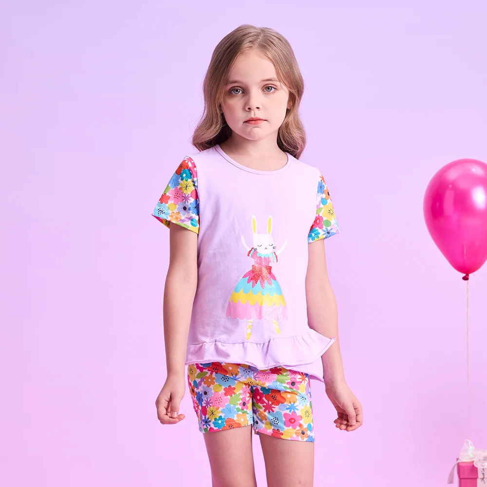 DXTON Conjunto de verano para niña algodón floral conejo - imagen 3