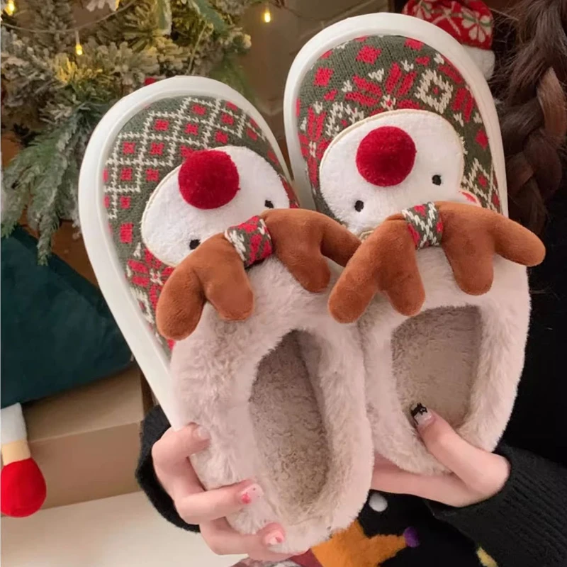 Zapatillas de casa mullidas antideslizantes con ciervo navideño - imagen 2