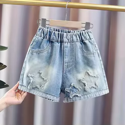 Pantalones cortos vaqueros con bordados para niña, sueltos