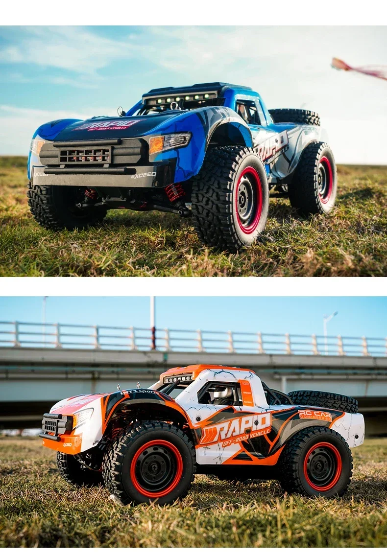 Coche brushless naranja en acción