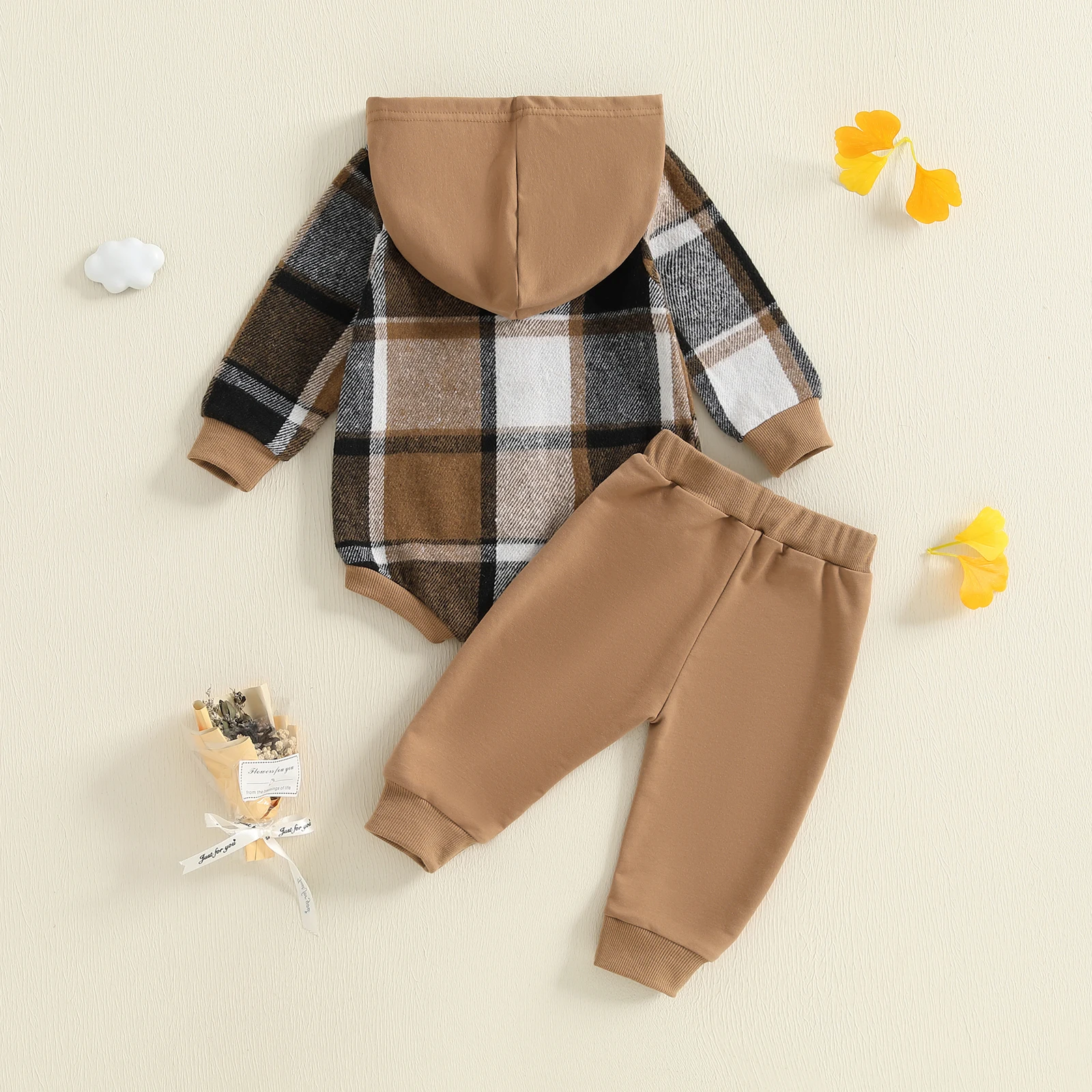Tregren Conjunto de otoño para bebé con pelele y capucha a cuadros - imagen 3