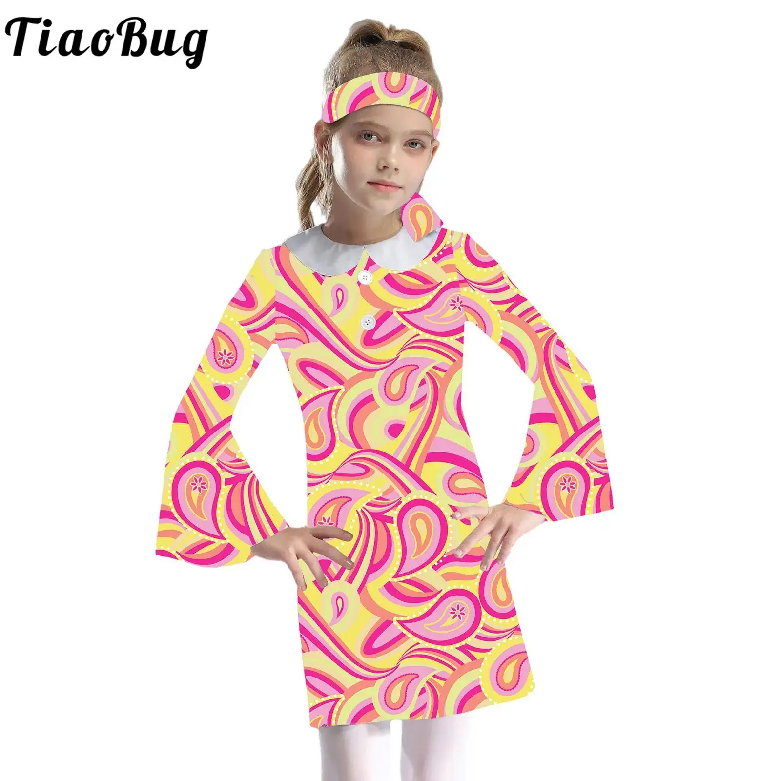 Vestido hippie retro de manga acampanada para niñas, estampado