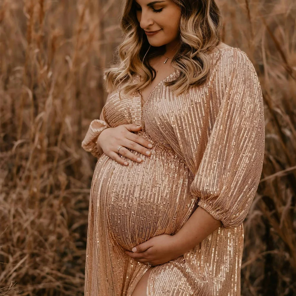 Vestido de maternidad elegante con lentejuelas y cuello V vintage - imagen 3