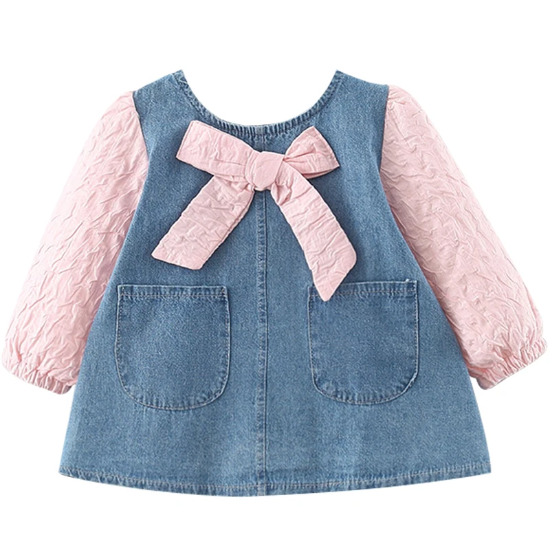 Vestido de mezclilla con lazo para niña - Manga larga - imagen 3