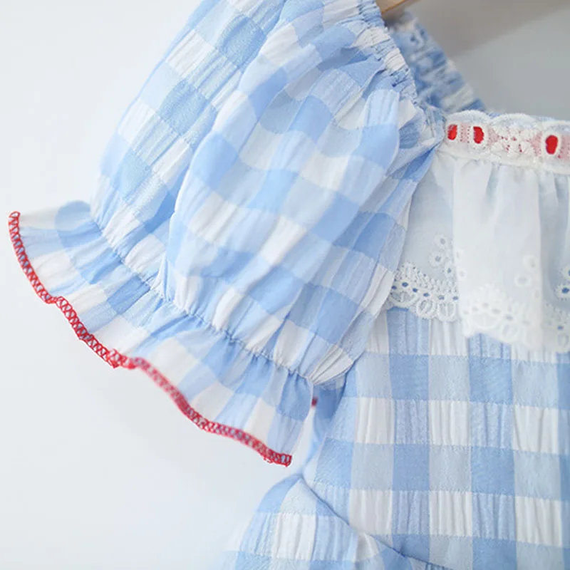Vestido de verano para niña con lazo a cuadros azules y sombrero - imagen 4
