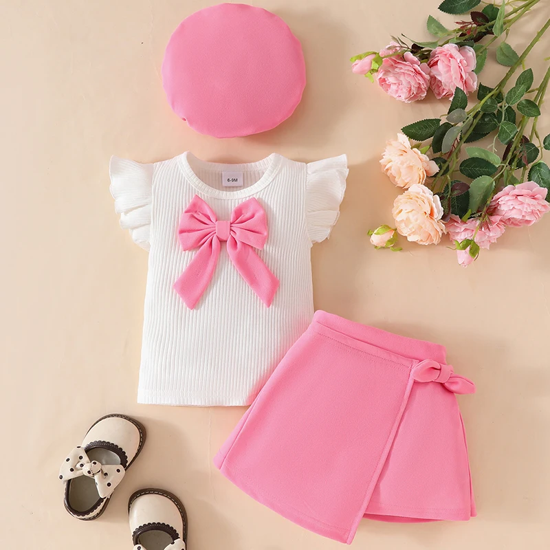 Conjunto coreano 3 pzas para niña - top sin mangas con lazo y sombrero - imagen 3