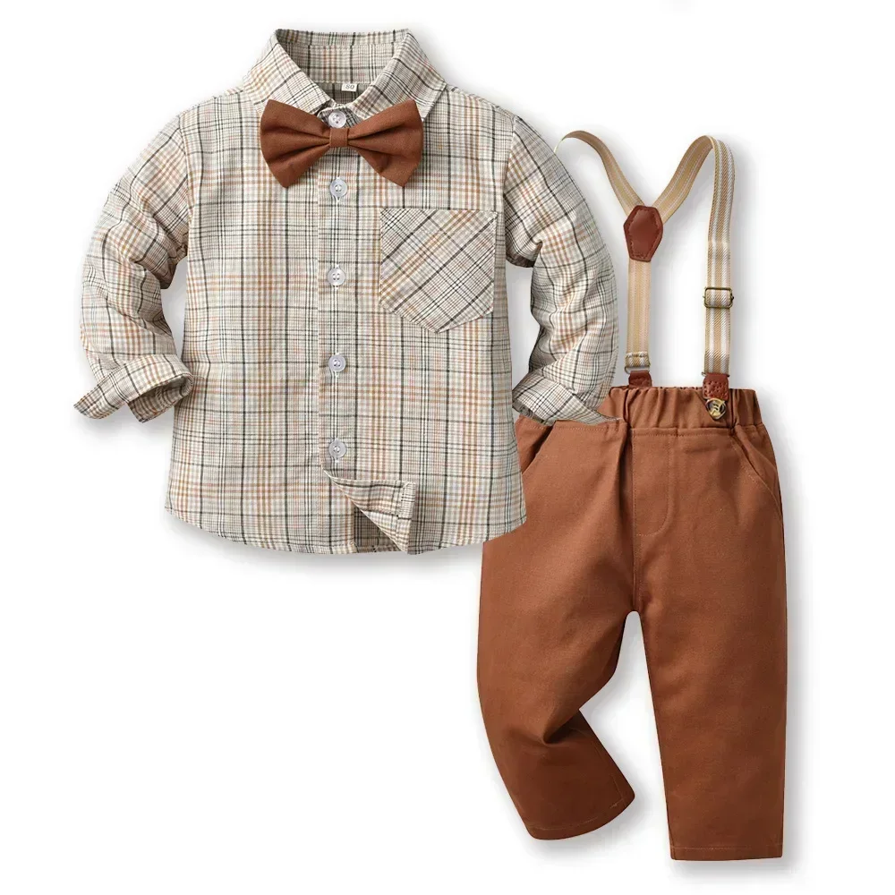 Conjunto de camisa a cuadros de algodón con tirantes para niño - imagen 3