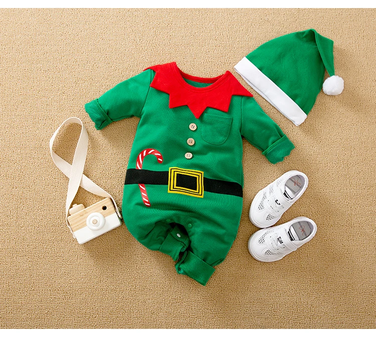 Front view of green elf baby romper with comfortable design