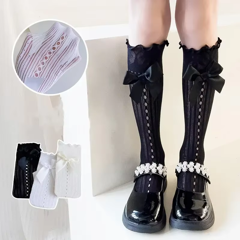 Calcetines para niña con lazo - Estilo vintage blanco y negro