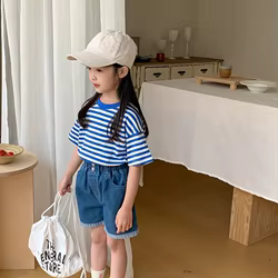 Camiseta a rayas de algodón manga corta para niños