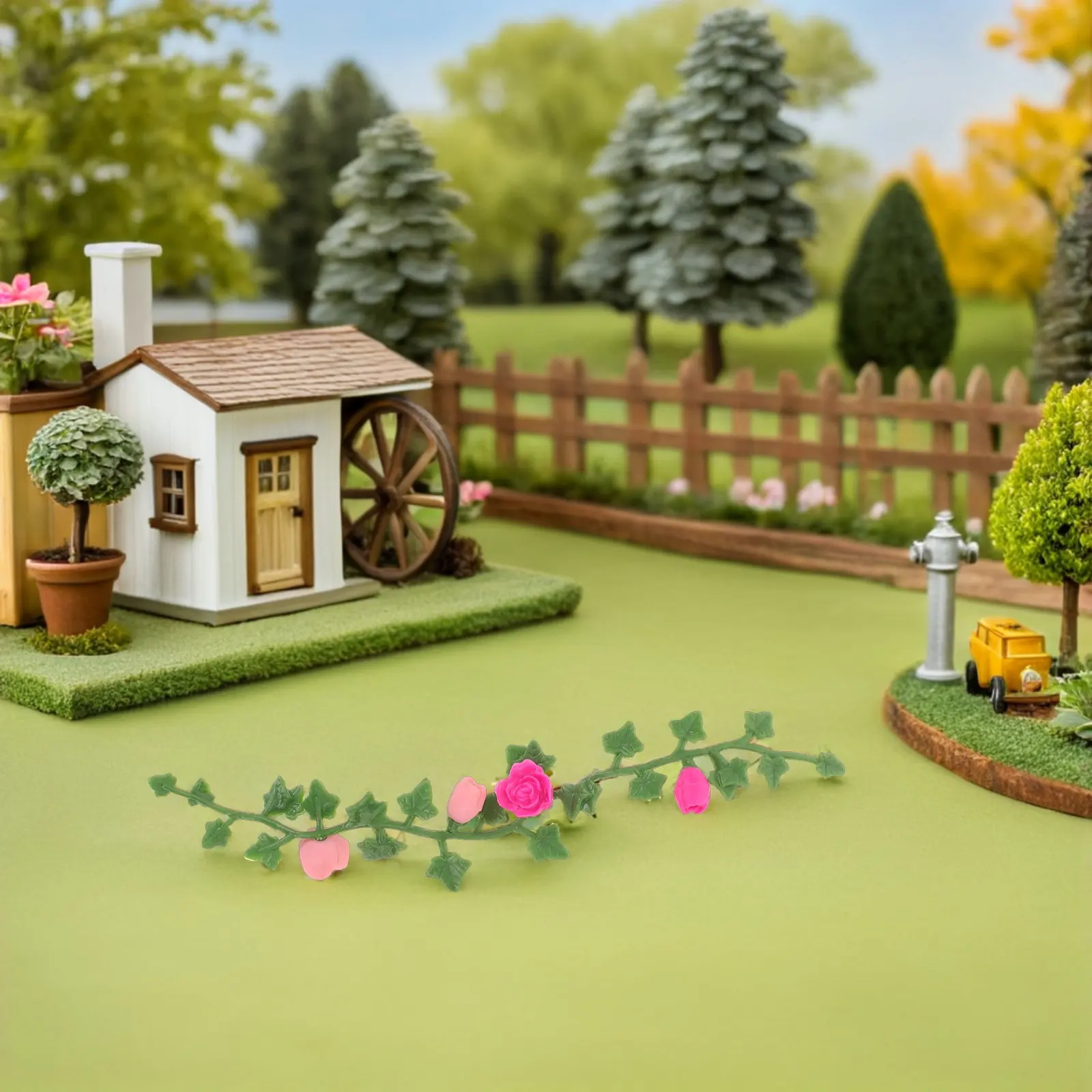 Detalle de flores artificiales en vides miniatura