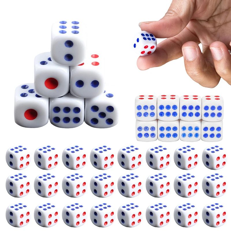 Dados de juego rojos y azules para partidas en mesa con fiesta