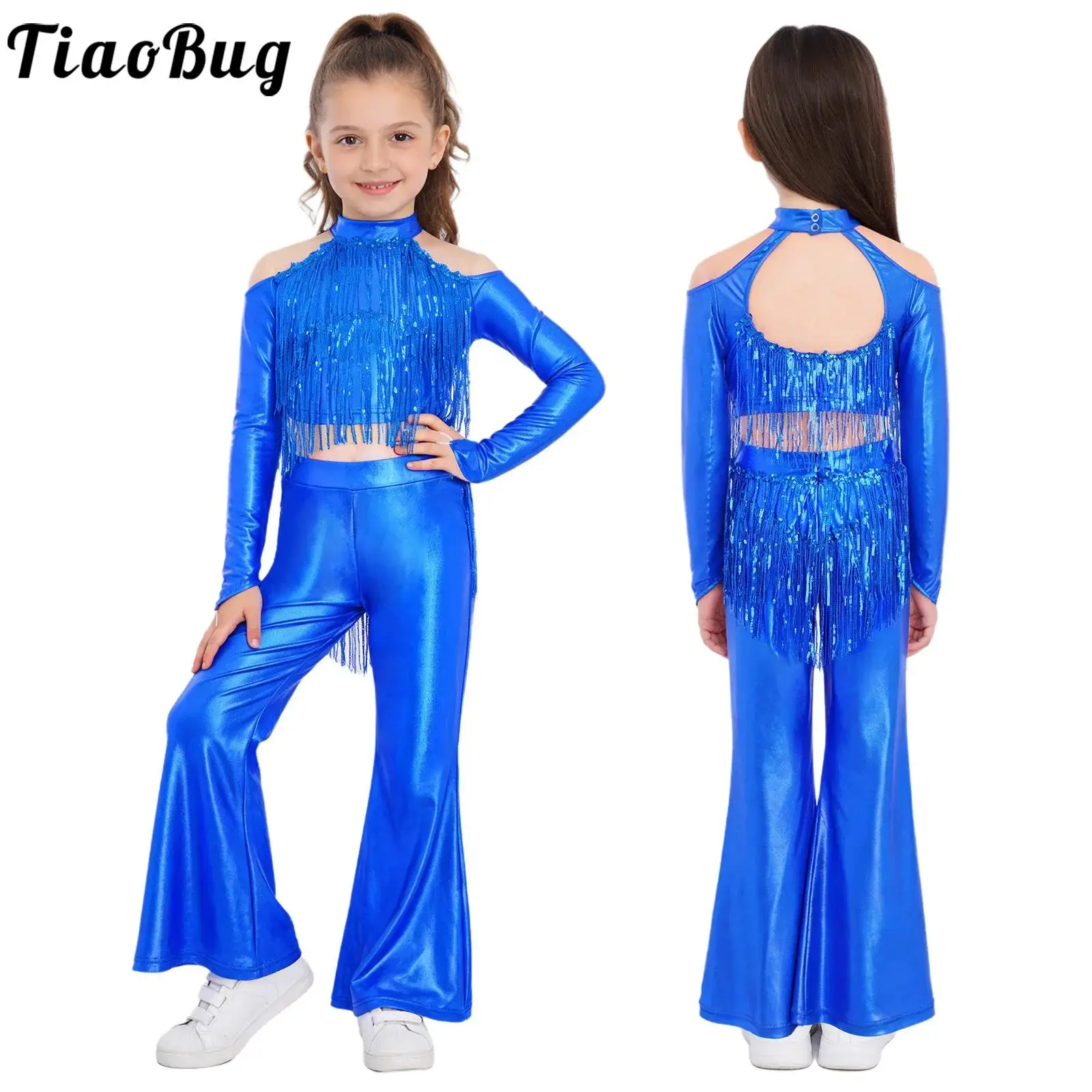Traje de baile latino años 70 con lentejuelas y borlas para niña - imagen 2