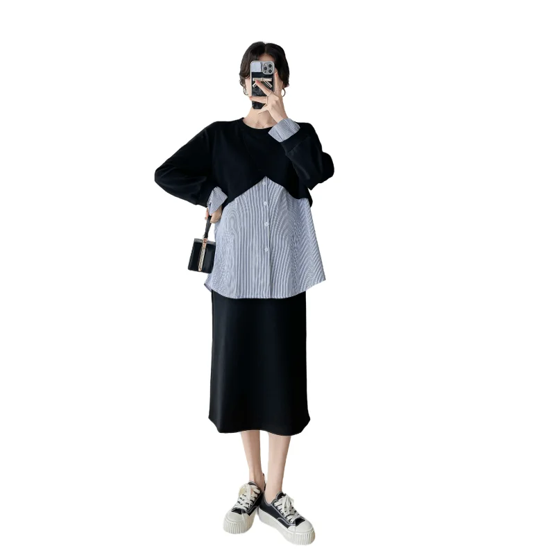 Conjunto premamá sudadera con parches y falda elegante otoño estilo - imagen 3