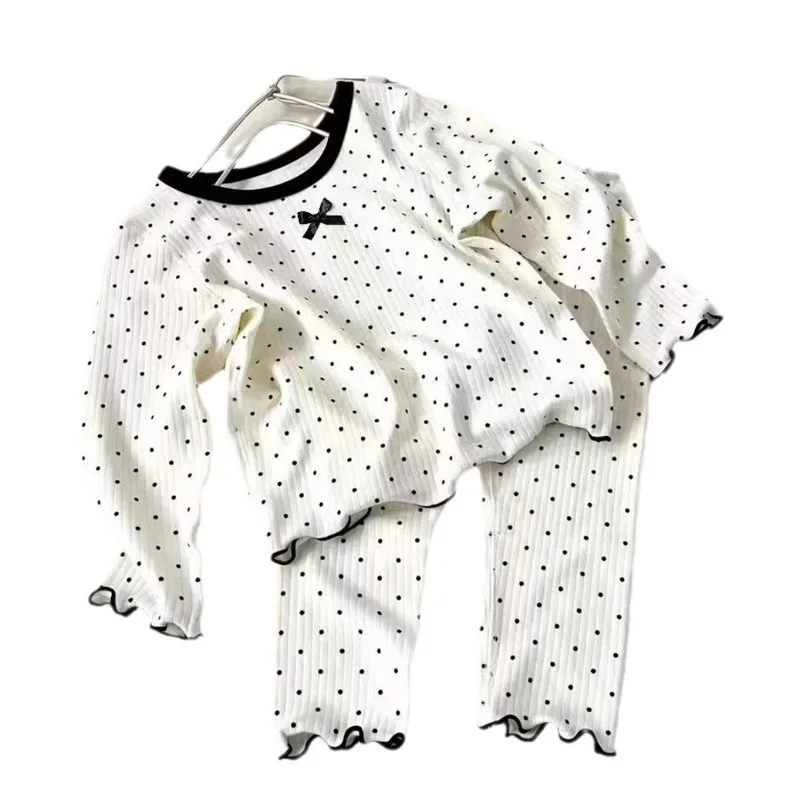 Pijama infantil de algodón suave coreano con lazo puntos negros - imagen 4