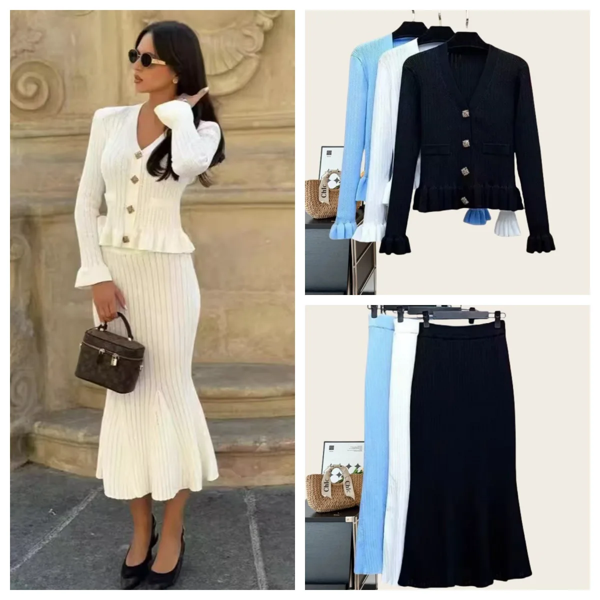 Conjunto de otoño francés: top de punto ajustado y falda sirena - imagen 5