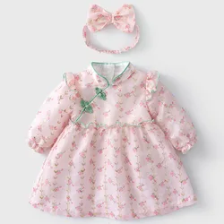 Vestido floral de punto para niña – Manga larga de algodón