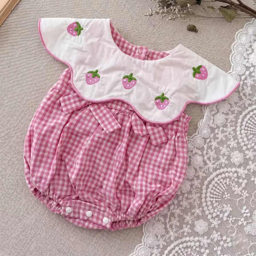 Body verano ligero transpirable para bebé niña cuadros bordado fresa