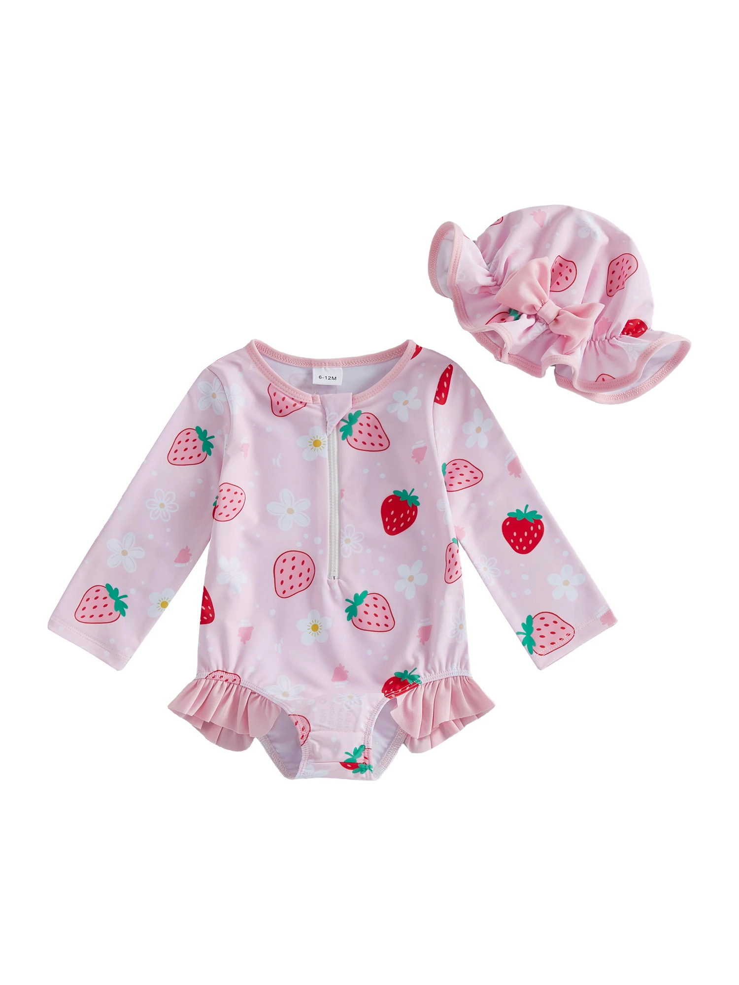 Traje de baño rosa de manga larga con estampado de fresas