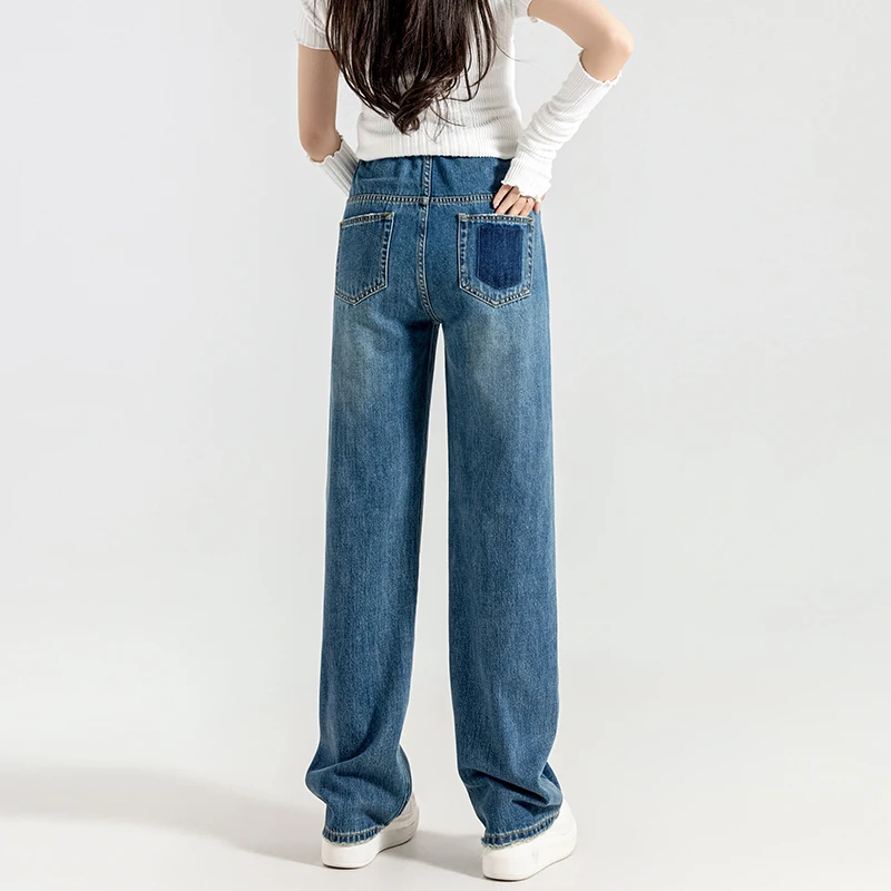 Vaqueros de premamá denim rectos, pierna ancha, otoño y primavera