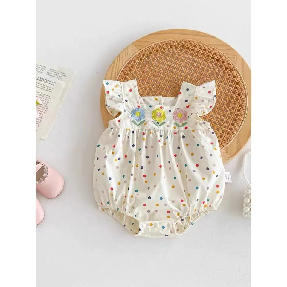 Somenie Pelele de verano para niña con flores bordadas y diadema - imagen 3
