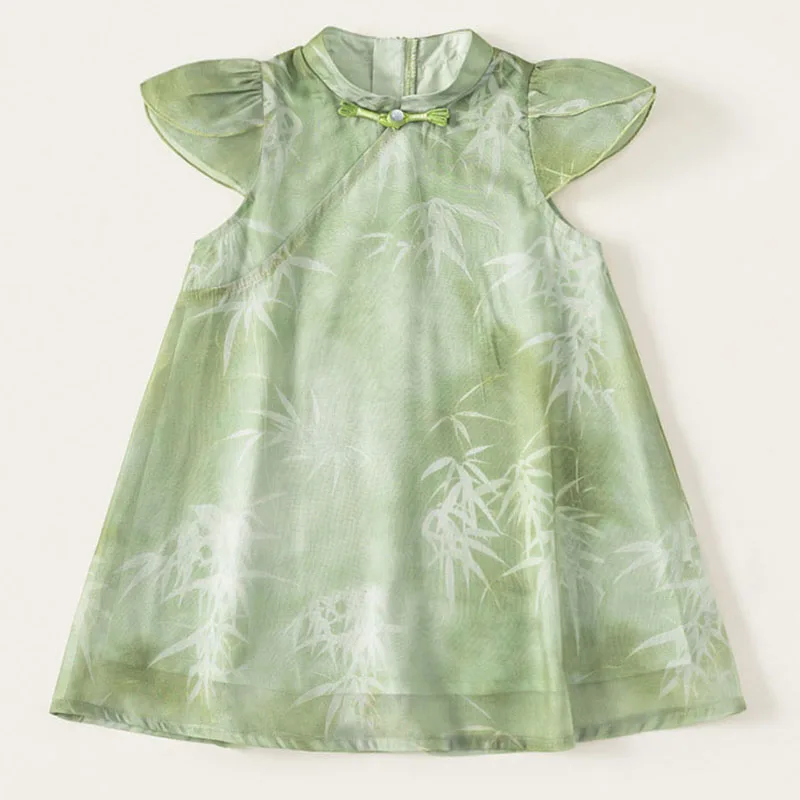 Vestido de verano para niña estilo cheongsam verde sin mangas