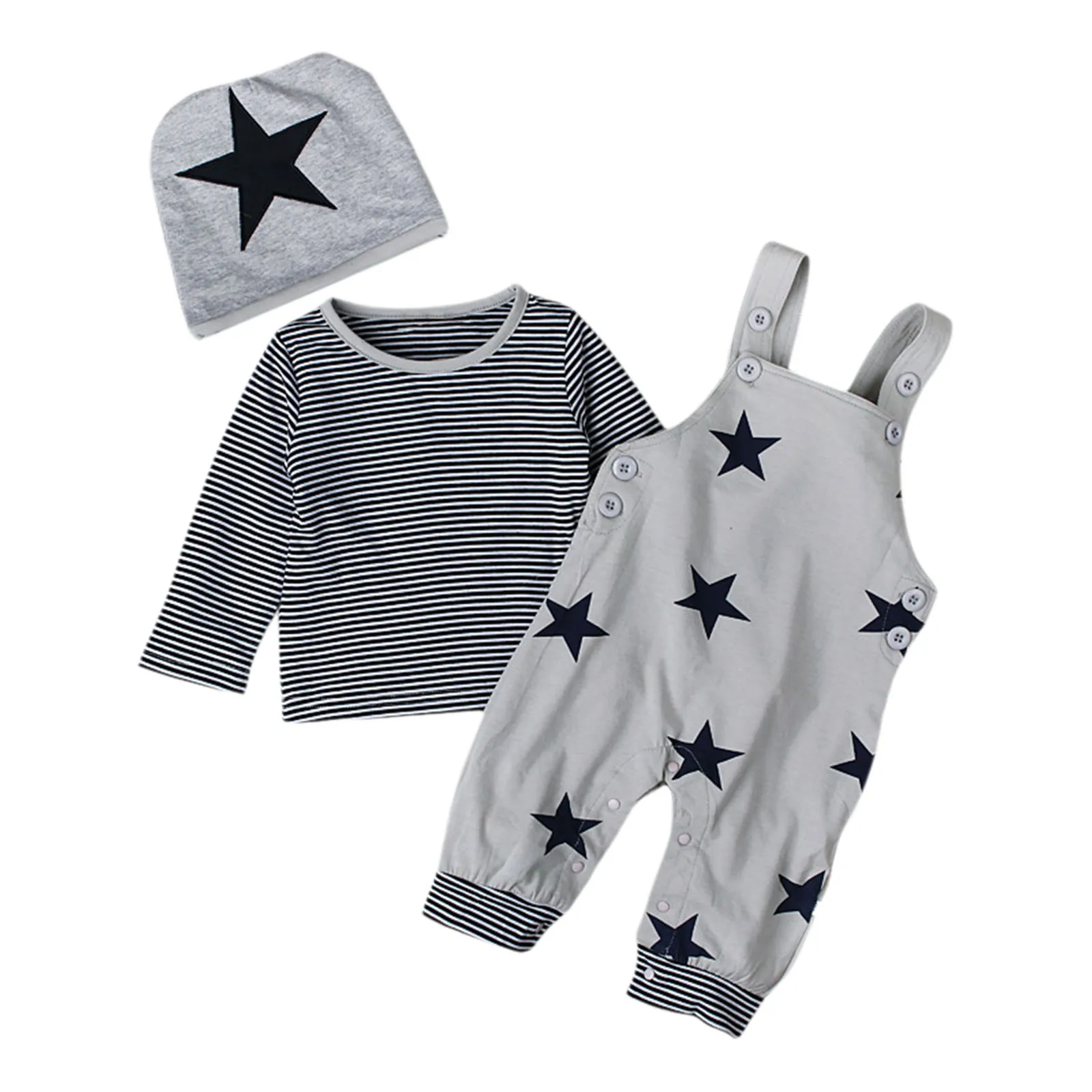 Conjunto recién nacido informal a rayas con estrellas, mono y gorro - imagen 3