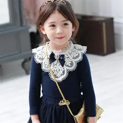 Blusa blanca manga larga con lazo encaje para niña escolar