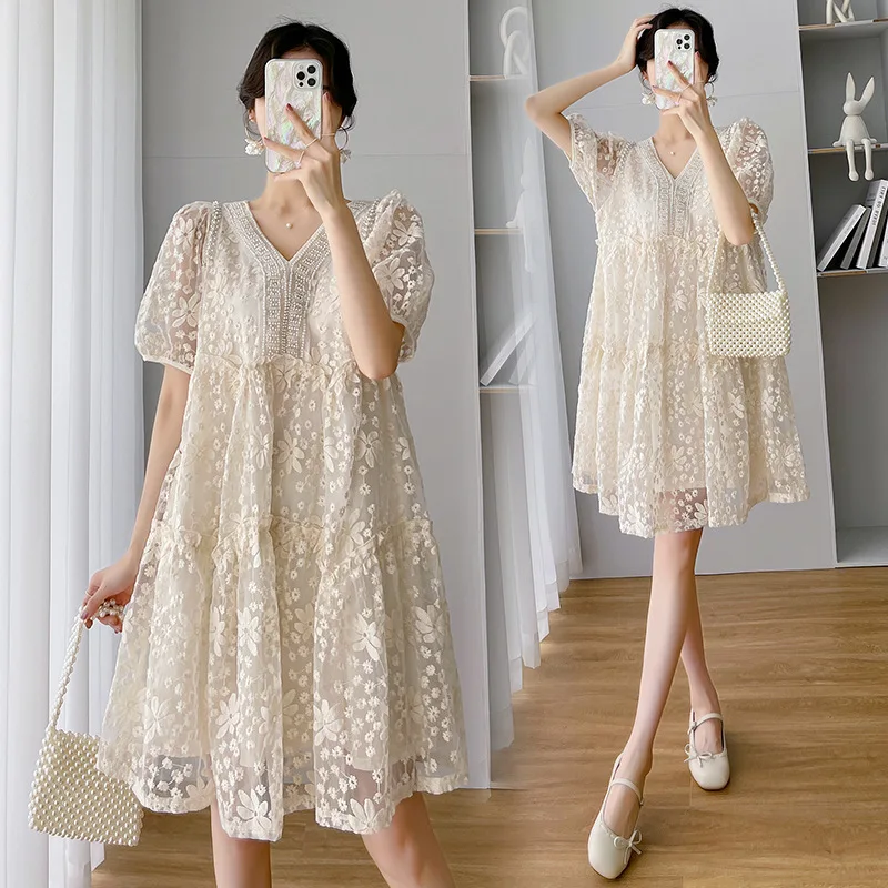 Vestido maternity verano – Encaje bordado manga corta elegante