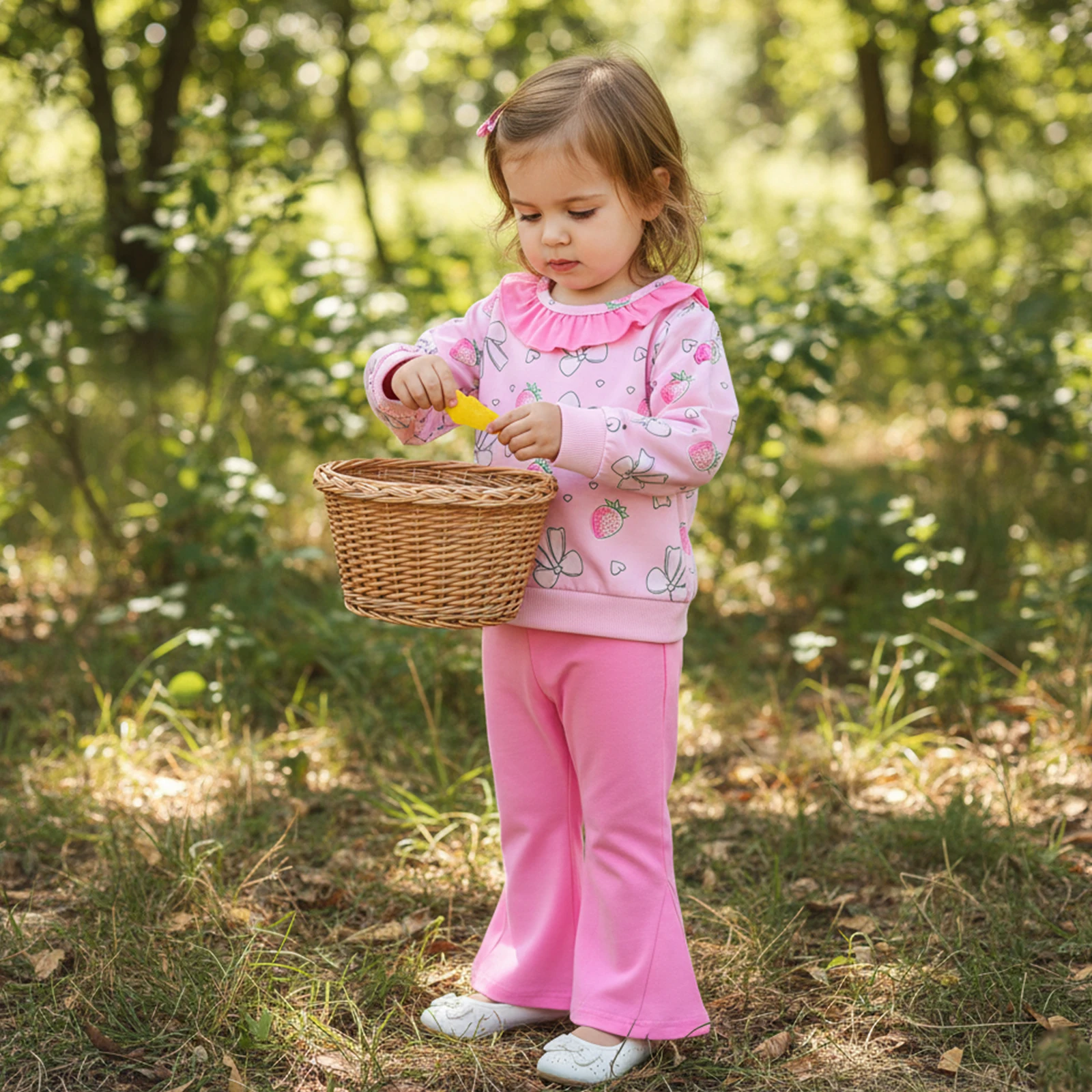 Conjunto bebé niña Tregren – Sudadera lazo fresa y pantalones acampanados