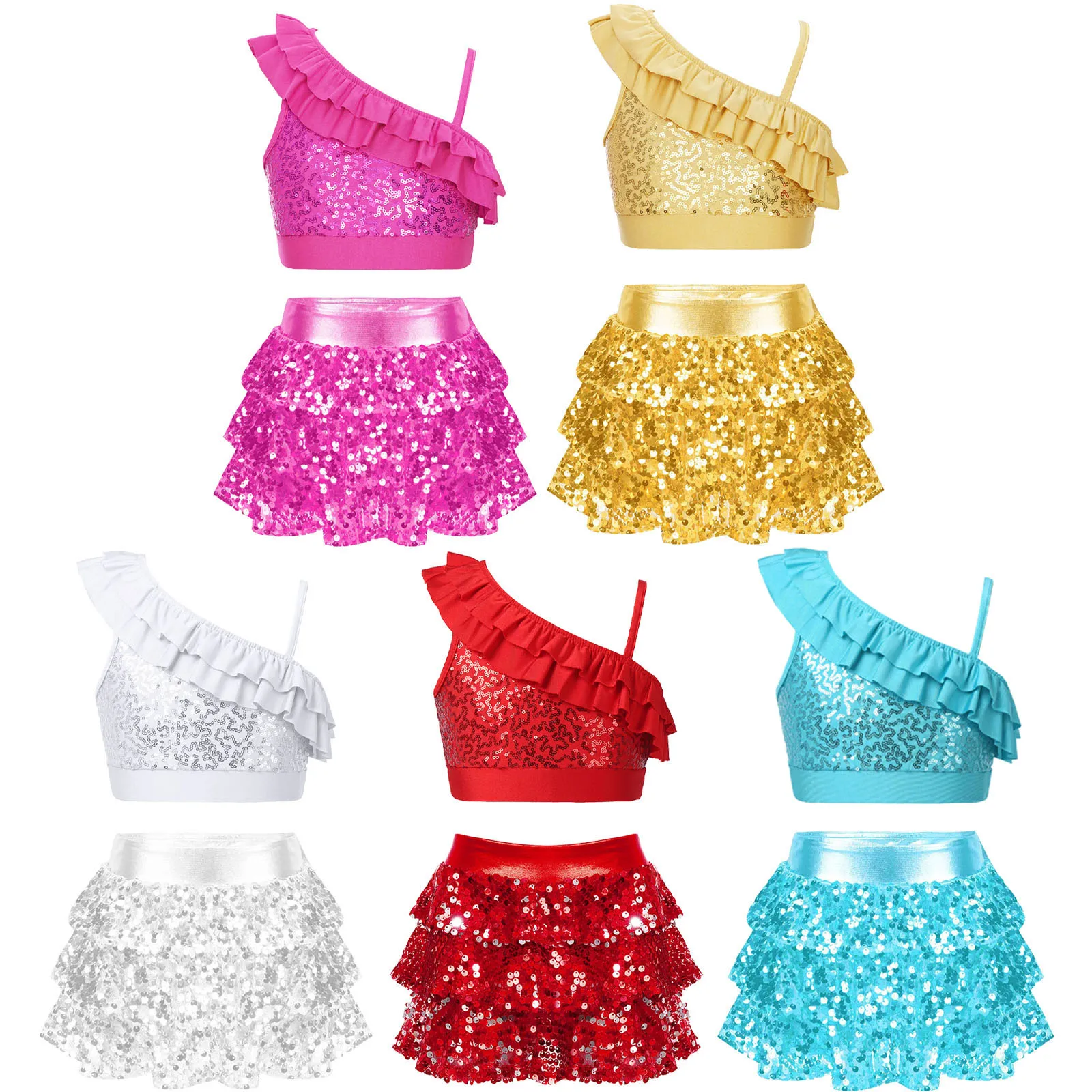 Conjunto de baile Jazz Hip Hop niña con lentejuelas y falda escalonada - imagen 4