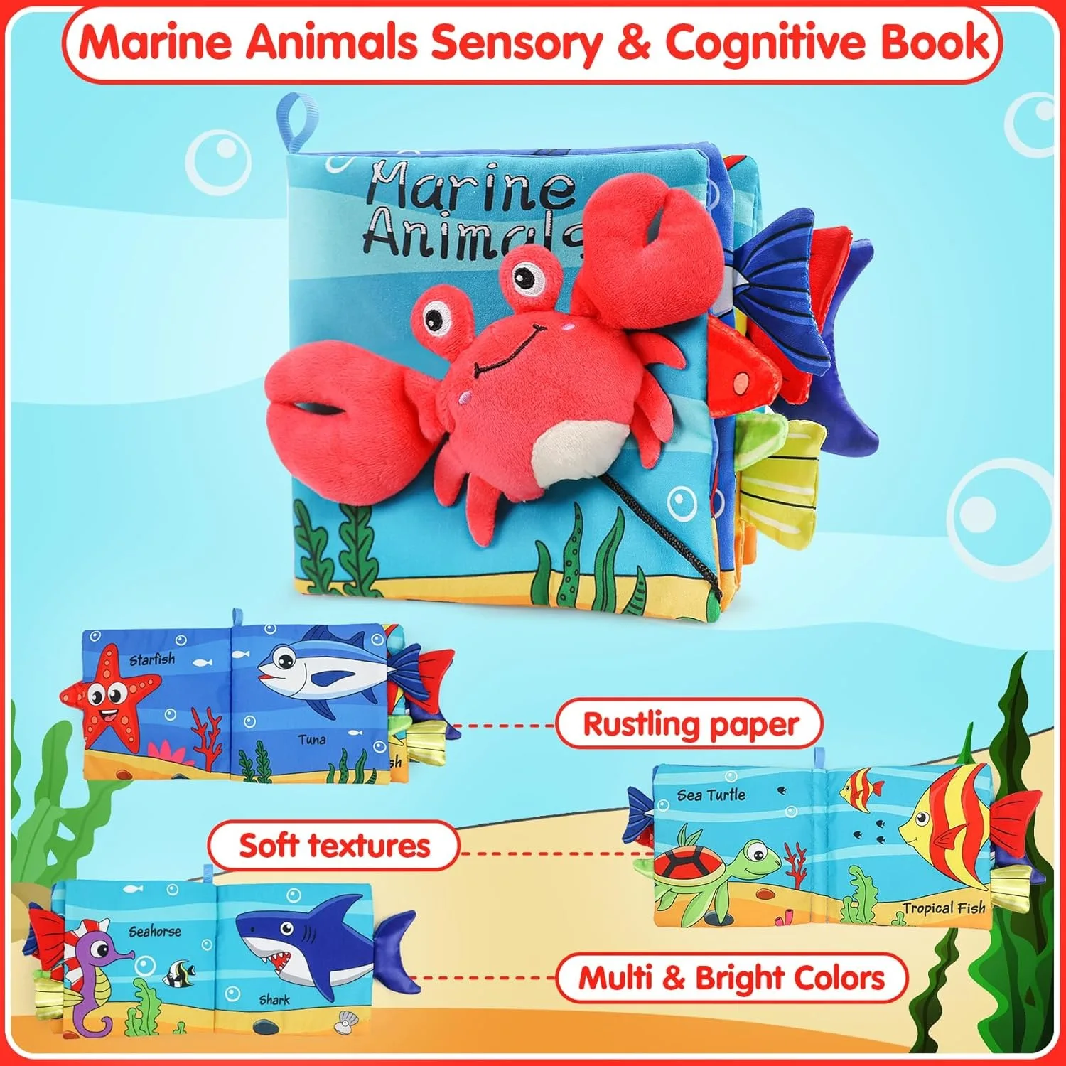 Libro de tela blandito con animales marinos para bebé - imagen 5