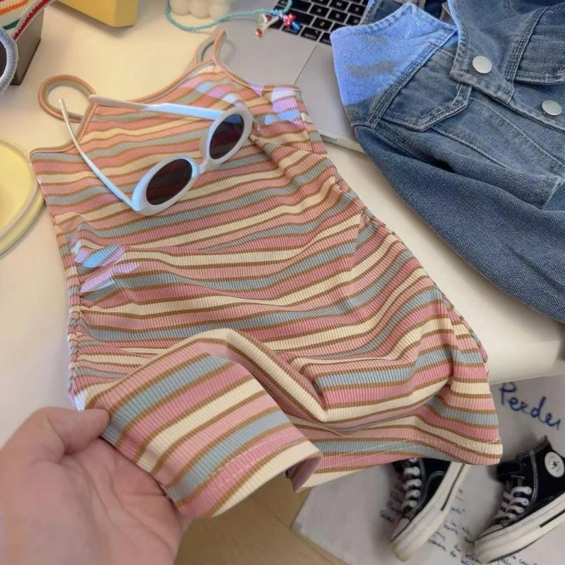 Vestido de verano niña con tirantes y falda larga a rayas arcoíris - imagen 5