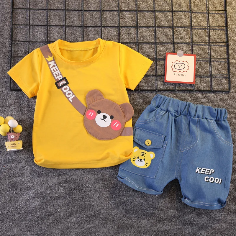 Conjunto verano bebé de algodón – Camiseta con oso y shorts