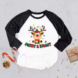 Camiseta navideña para niños manga larga raglán con Papá Noel y ciervo