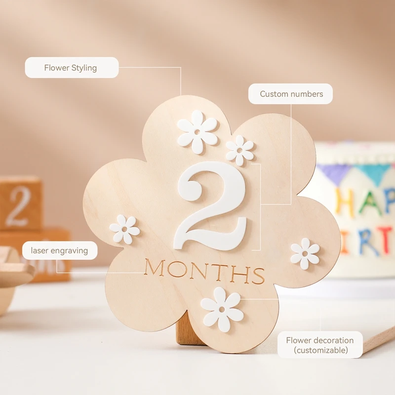 Juego de tarjetas madera mes del bebé – Flor, regalo recién nacido - imagen 2