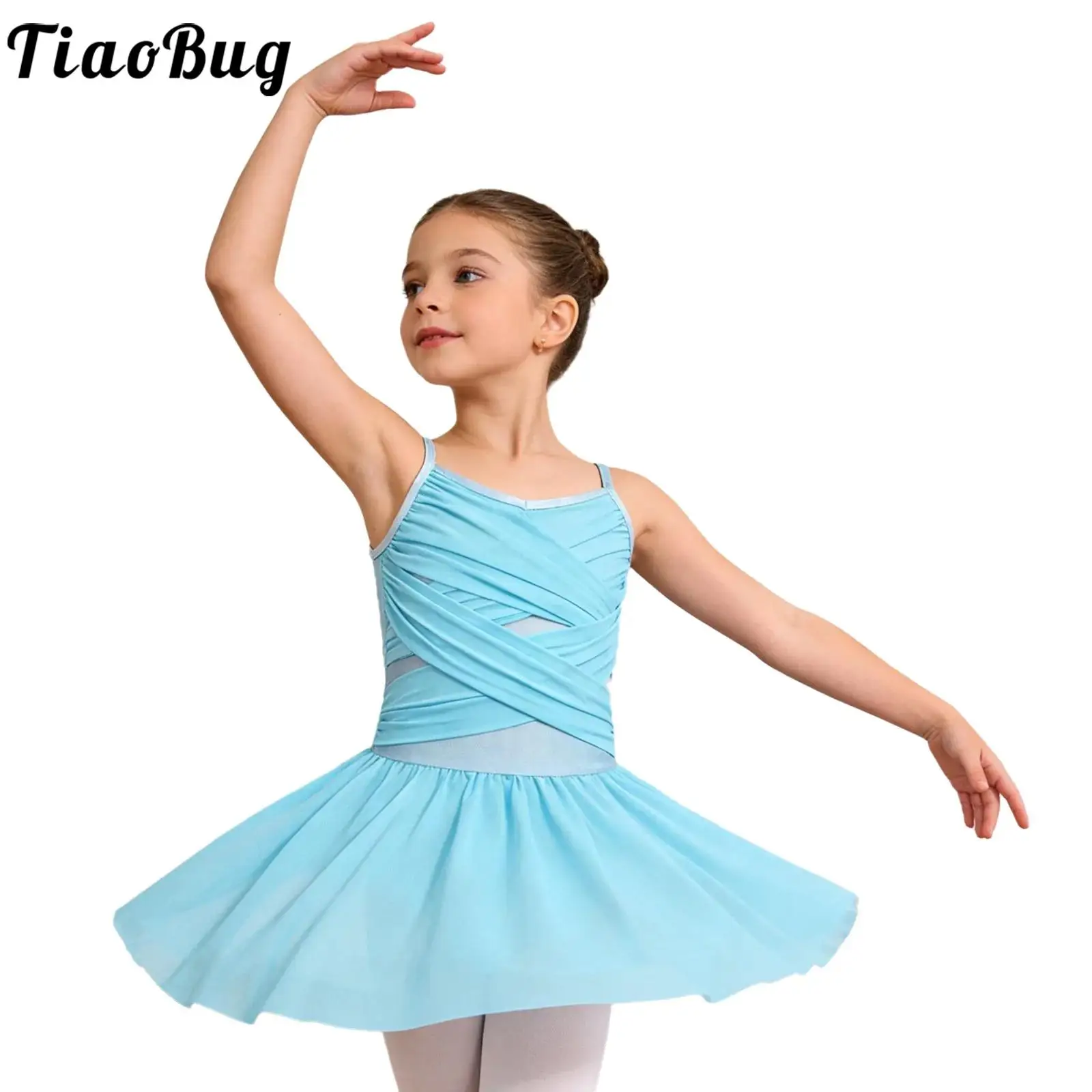Vestido de ballet juvenil con tirantes finos y tutú malla fruncida - imagen 4