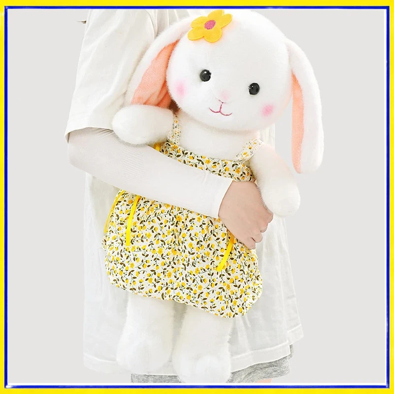 Peluche de conejo blanco orejas largas con vestido floral y flor - imagen 3