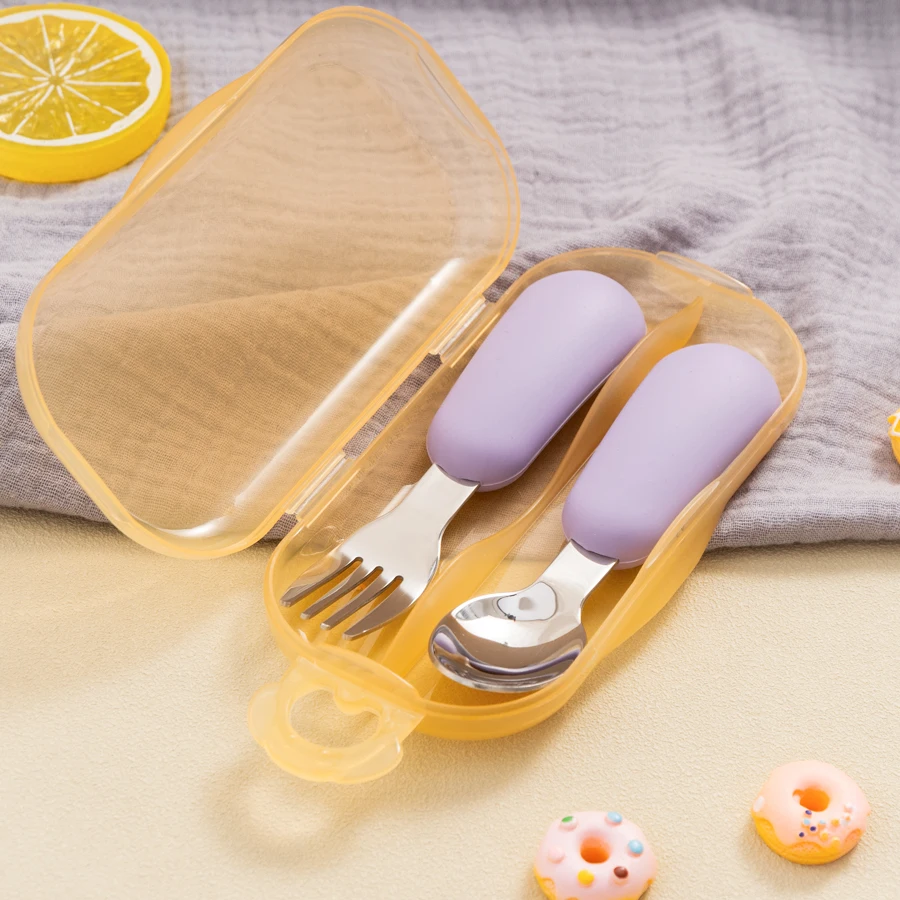Tenedor y cuchara bebé acero inoxidable con silicona – Vajilla aprendizaje - imagen 4