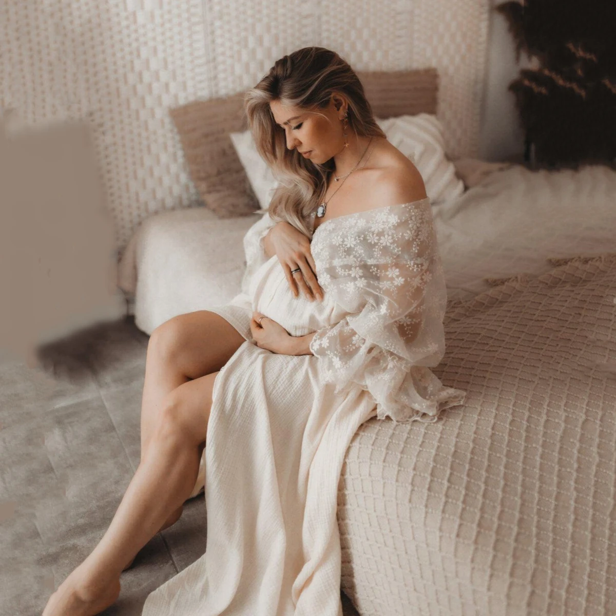 Vestido de maternidad con encaje bohemio vintage para sesión fotos - imagen 5